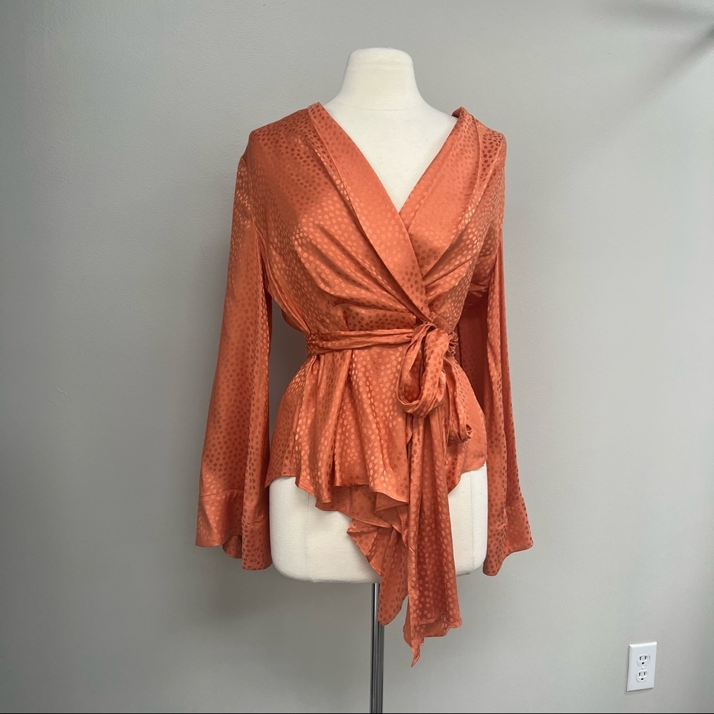 BCBG Textured Satin Long Sleeve Wrap Top in Papaya